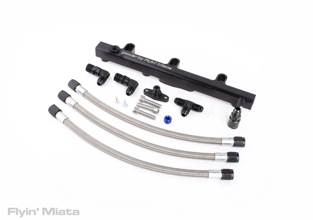 Flyin' Miata dual feed fuel rail with stainless steel feed lines for NB chassis