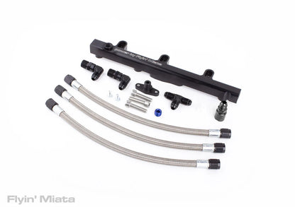 Flyin' Miata dual feed fuel rail with stainless steel feed lines for NB chassis
