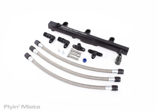 Flyin' Miata dual feed fuel rail with stainless steel feed lines for NB chassis