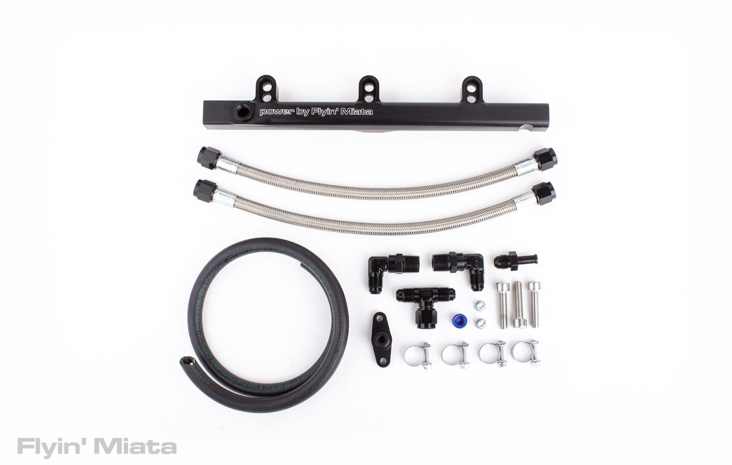 Flyin' Miata dual feed fuel rail with stainless steel feed lines for NA8 chassis